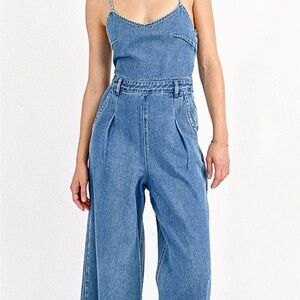 Backless Lace-Up Denim Jumpsuit Wide Leg Strappy Summer Molly Bracken • Size xs